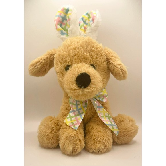 Hugfun International Easter Puppy Dog Plush Tan Bunny Ears Pastel Plaid Bow 2017 - Picture 2 of 12